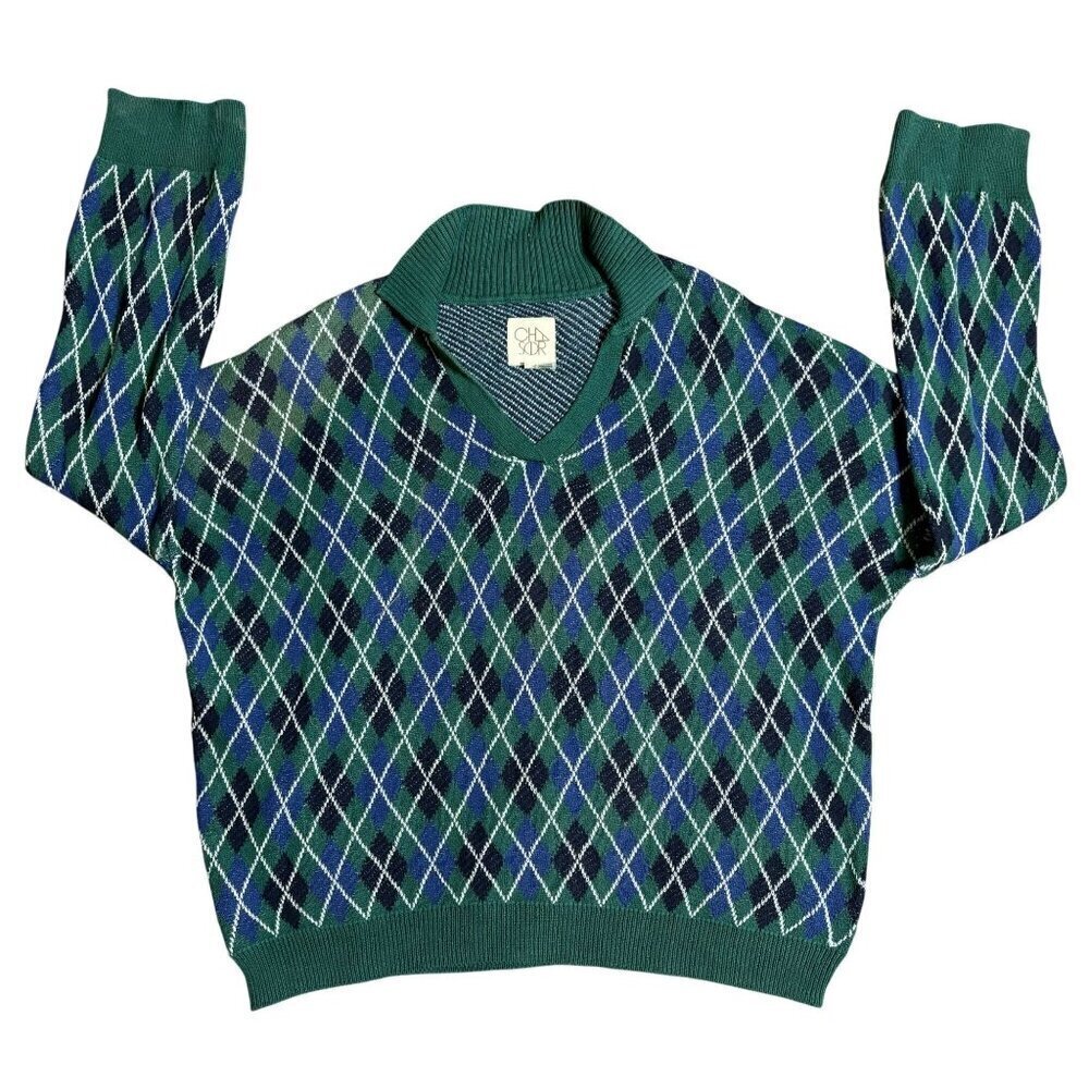 Chaser Men's Large Argyle Pullover Sweater Plaid V Neck Collar Cotton Preppy
